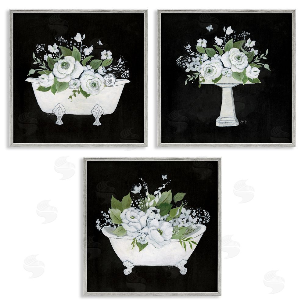 Janet Tava Rustic Bathroom Florals Gray Framed Giclee Wall Art Print