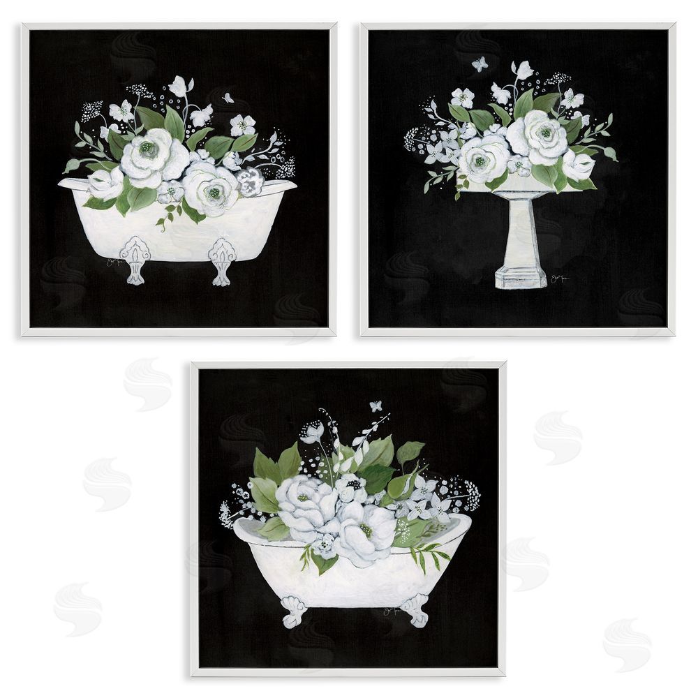 Janet Tava Rustic Bathroom Florals White Framed Giclee Wall Art Print