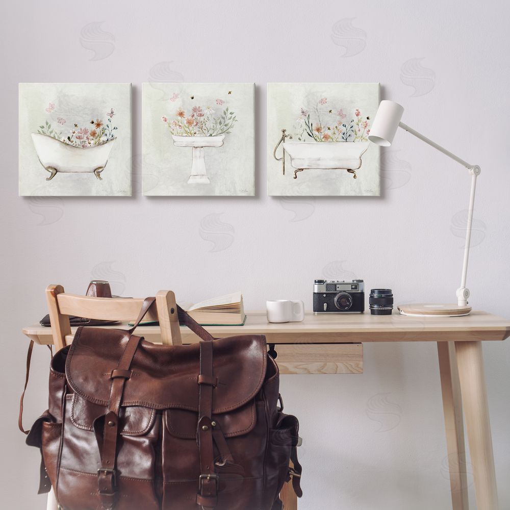 Stella Chang Soft Floral Bathroom Scenes Canvas Wall Art Print in Room