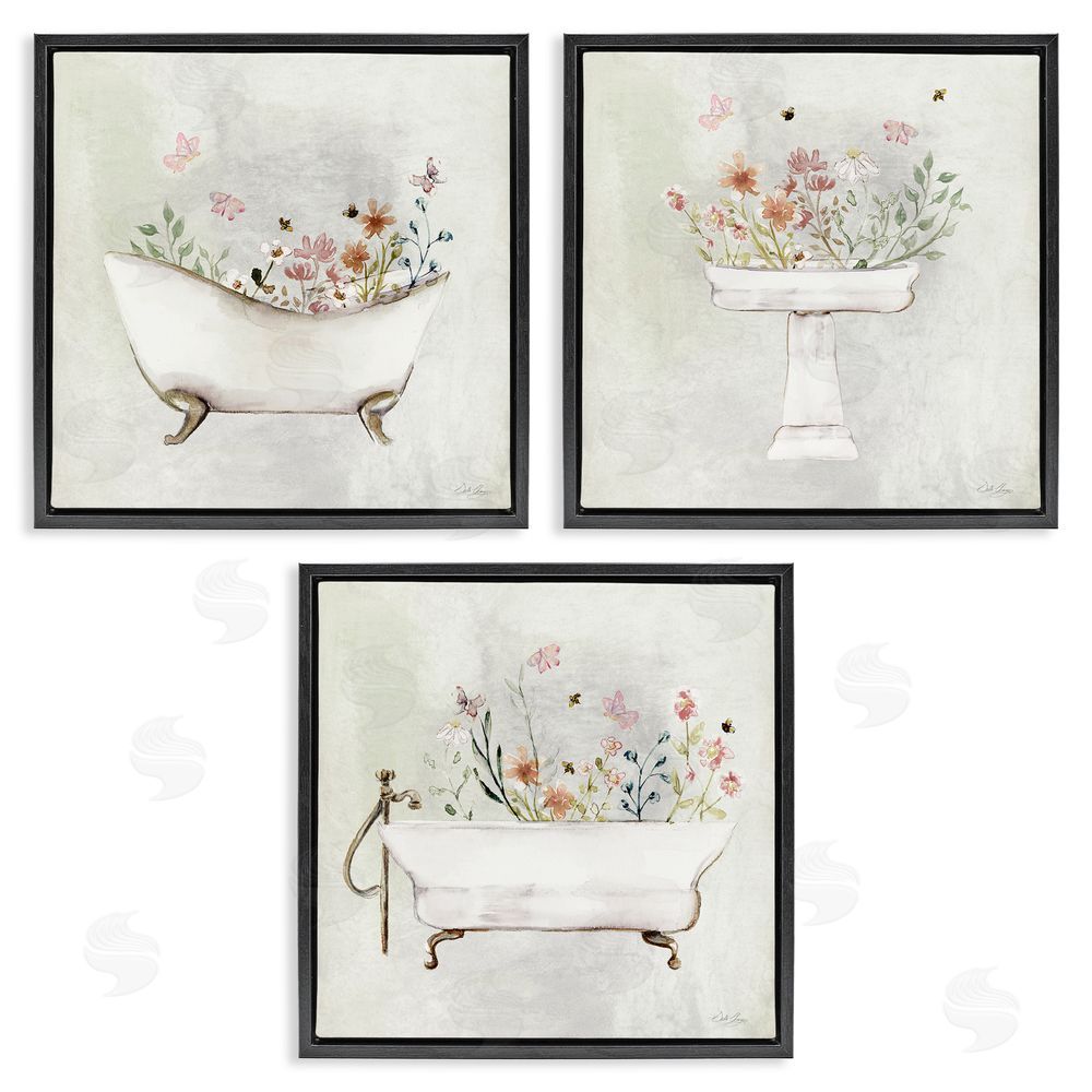 Stella Chang Soft Floral Bathroom Scenes Black Floating Frame Canvas Wall Art Print