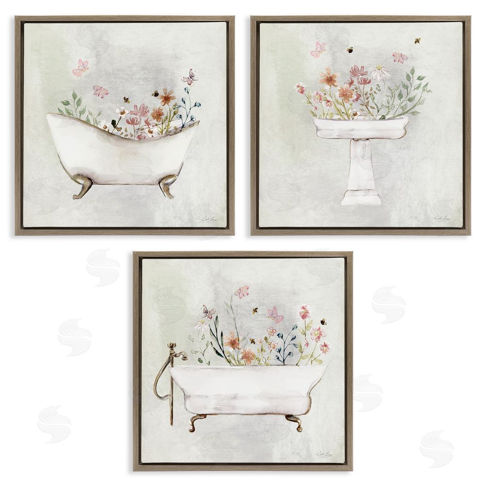 Stella Chang Soft Floral Bathroom Scenes Brown Floating Frame Canvas Wall Art Print