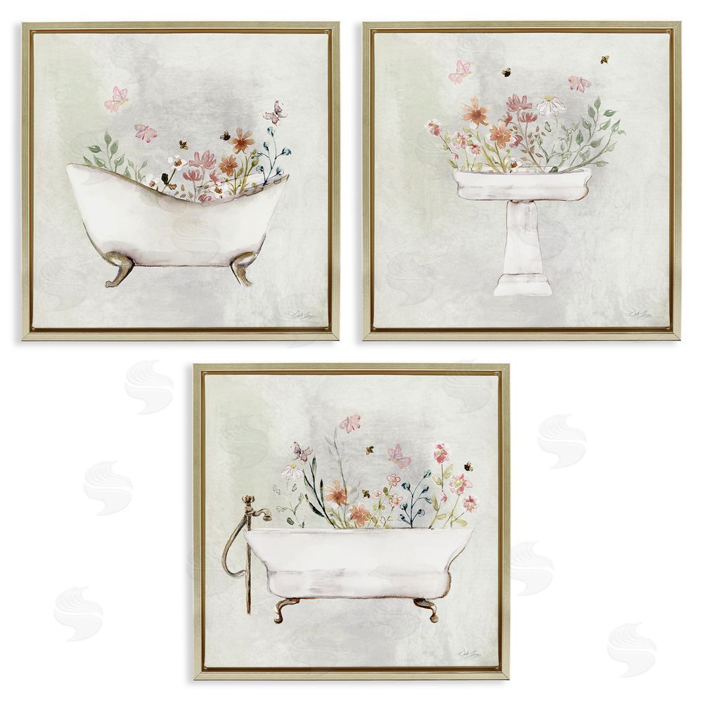 Stella Chang Soft Floral Bathroom Scenes Gold Floating Frame Canvas Wall Art Print