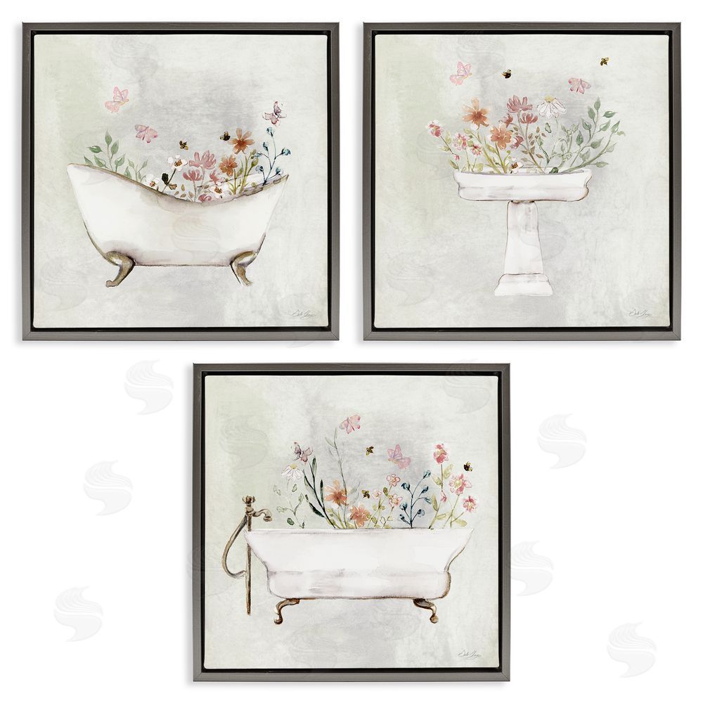 Stella Chang Soft Floral Bathroom Scenes Gray Floating Frame Canvas Wall Art Print