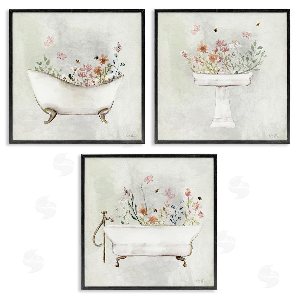 Stella Chang Soft Floral Bathroom Scenes Black Framed Giclee Wall Art Print
