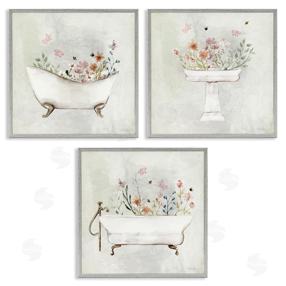 Stella Chang Soft Floral Bathroom Scenes Gray Framed Giclee Wall Art Print