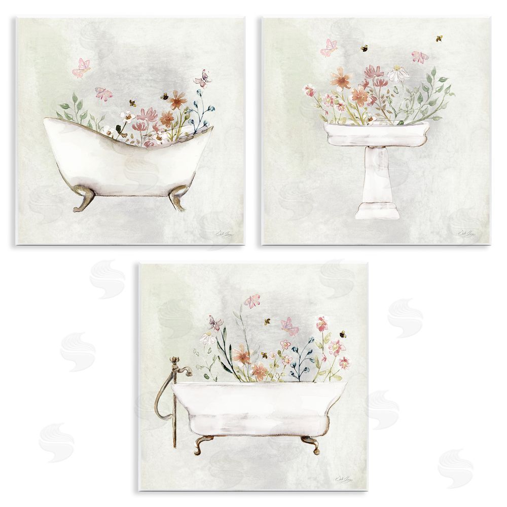 Stella Chang Soft Floral Bathroom Scenes Wooden Wall Plaque Art Print