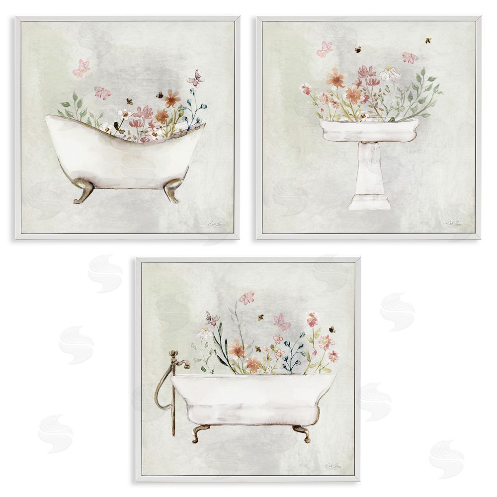 Stella Chang Soft Floral Bathroom Scenes White Framed Giclee Wall Art Print