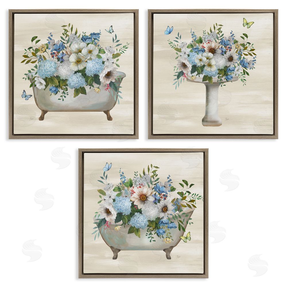 Nan Country Flower Bathroom Brown Floating Frame Canvas Wall Art Print