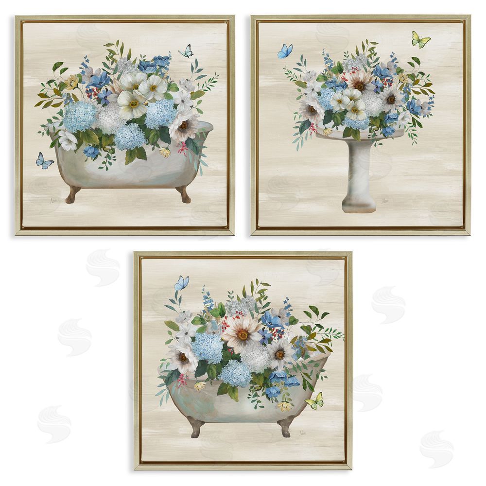 Nan Country Flower Bathroom Gold Floating Frame Canvas Wall Art Print