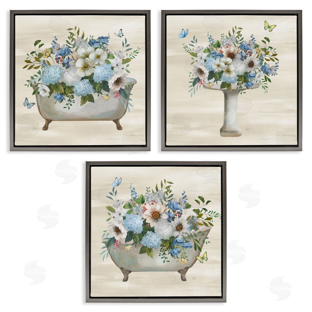 Nan Country Flower Bathroom Gray Floating Frame Canvas Wall Art Print