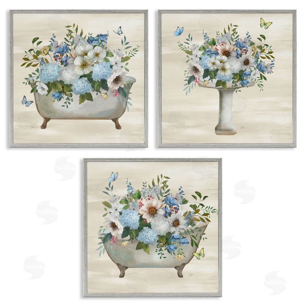 Nan Country Flower Bathroom Gray Framed Giclee Wall Art Print