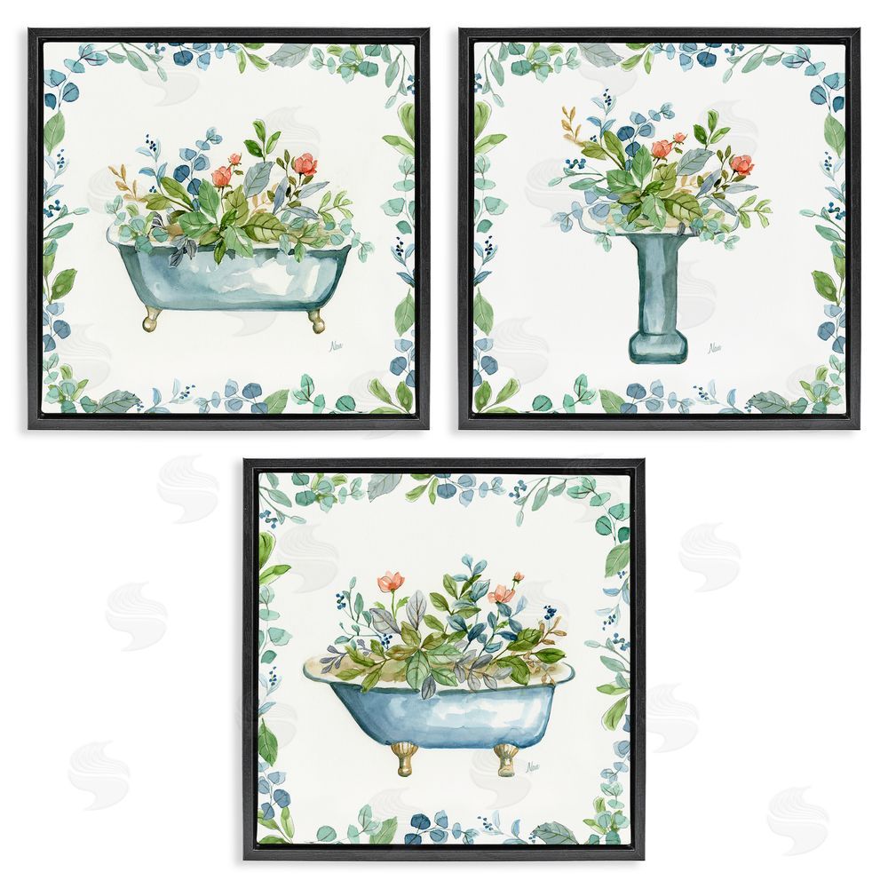 Nan Watercolor Floral Bathroom Black Floating Frame Canvas Wall Art Print
