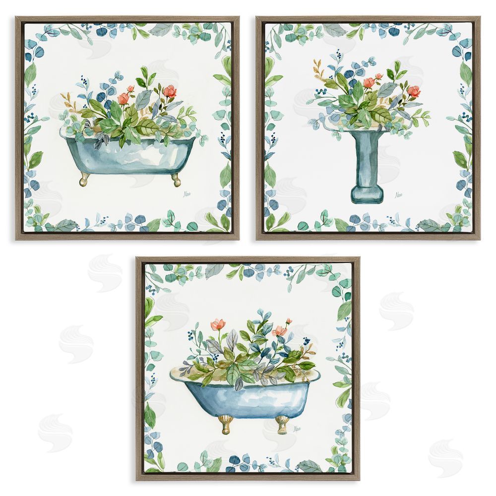 Nan Watercolor Floral Bathroom Brown Floating Frame Canvas Wall Art Print