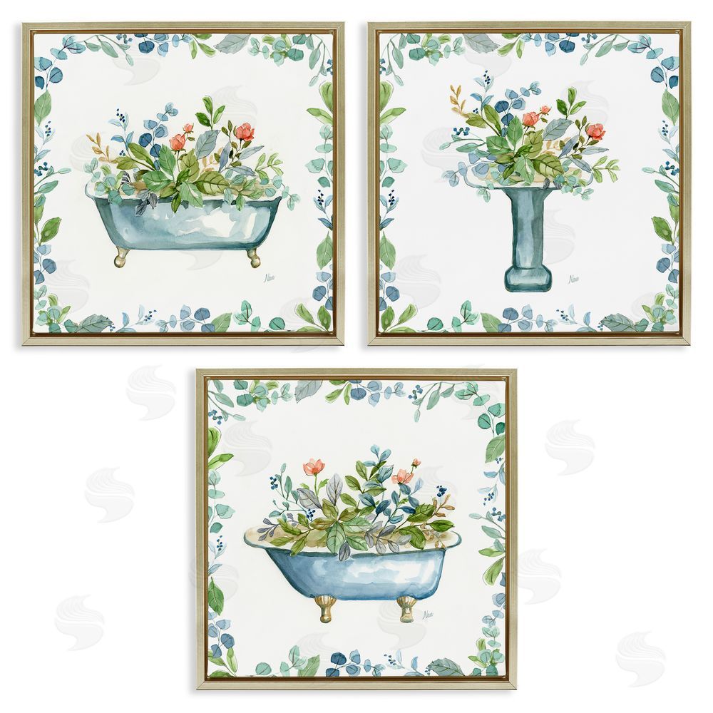 Nan Watercolor Floral Bathroom Gold Floating Frame Canvas Wall Art Print