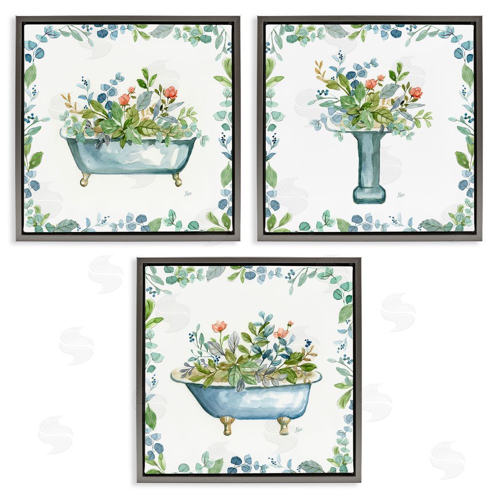 Nan Watercolor Floral Bathroom Gray Floating Frame Canvas Wall Art Print