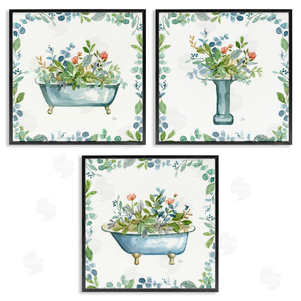 Nan Watercolor Floral Bathroom Black Framed Giclee Wall Art Print