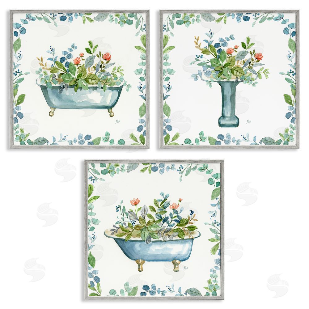 Nan Watercolor Floral Bathroom Gray Framed Giclee Wall Art Print
