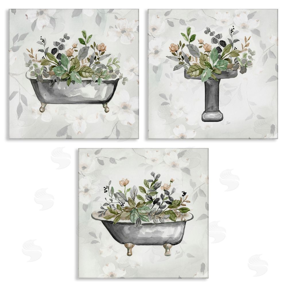 Nan Grey Bathroom Florals Canvas Wall Art Print