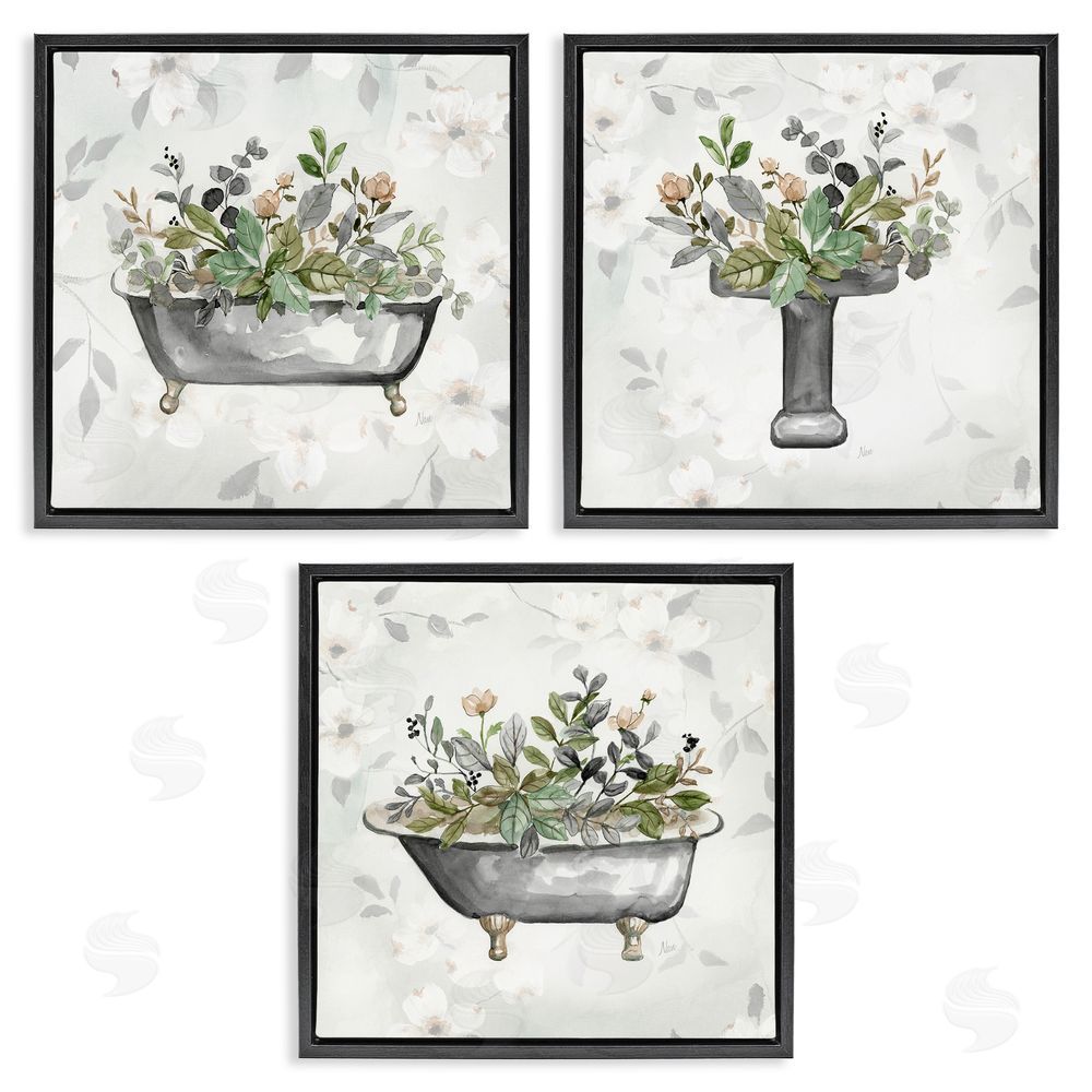 Nan Grey Bathroom Florals Black Floating Frame Canvas Wall Art Print