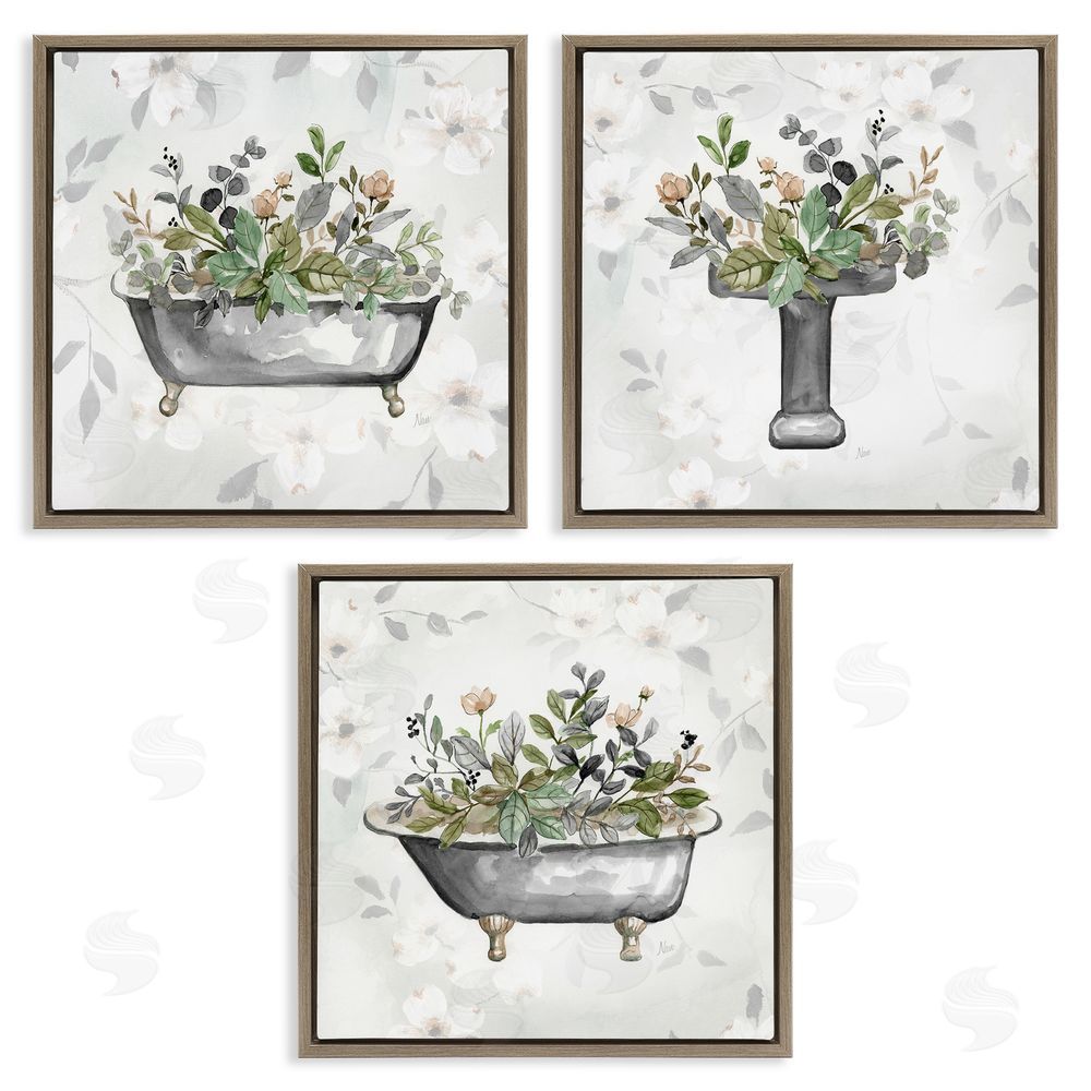 Nan Grey Bathroom Florals Brown Floating Frame Canvas Wall Art Print