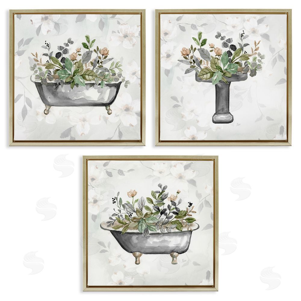 Nan Grey Bathroom Florals Gold Floating Frame Canvas Wall Art Print