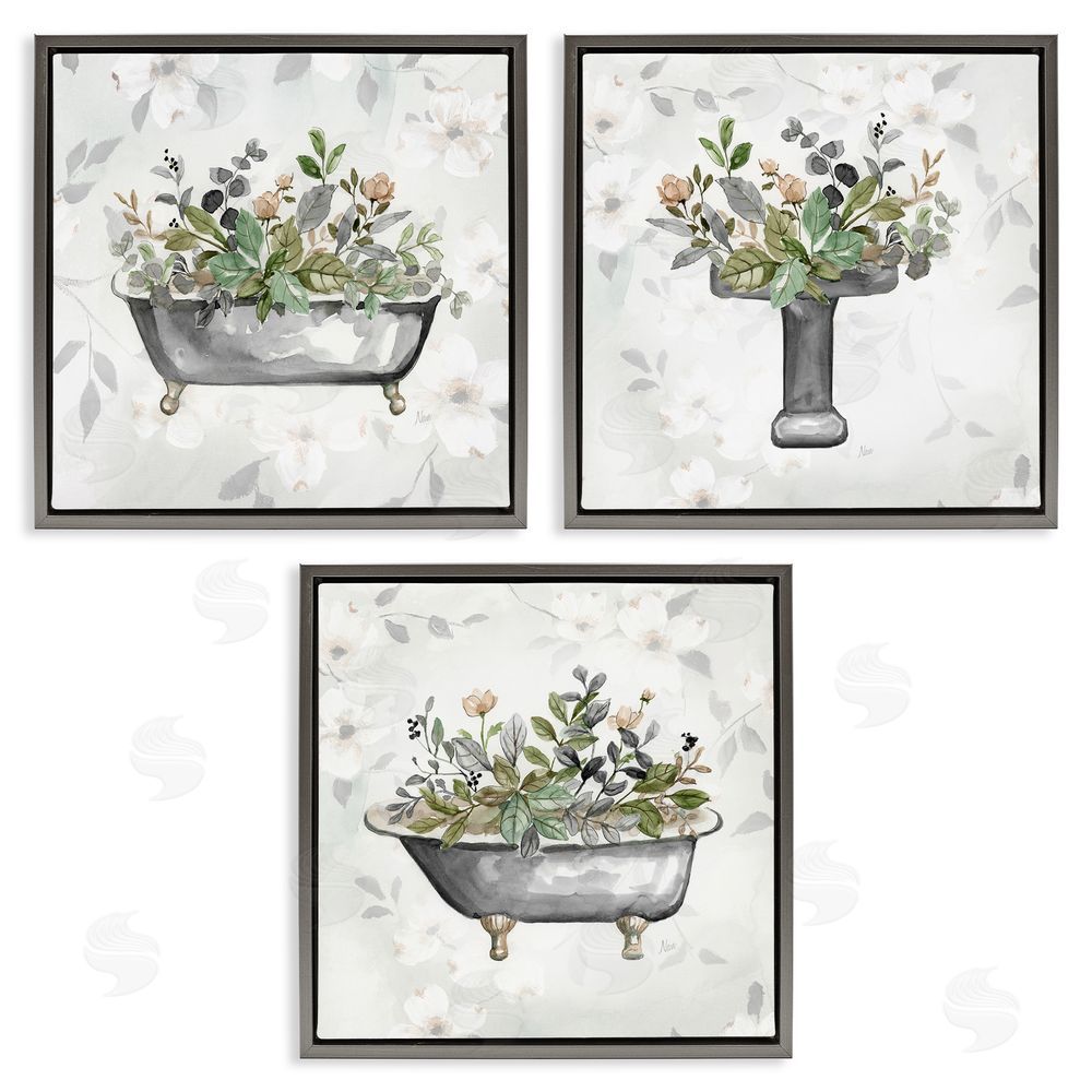Nan Grey Bathroom Florals Gray Floating Frame Canvas Wall Art Print