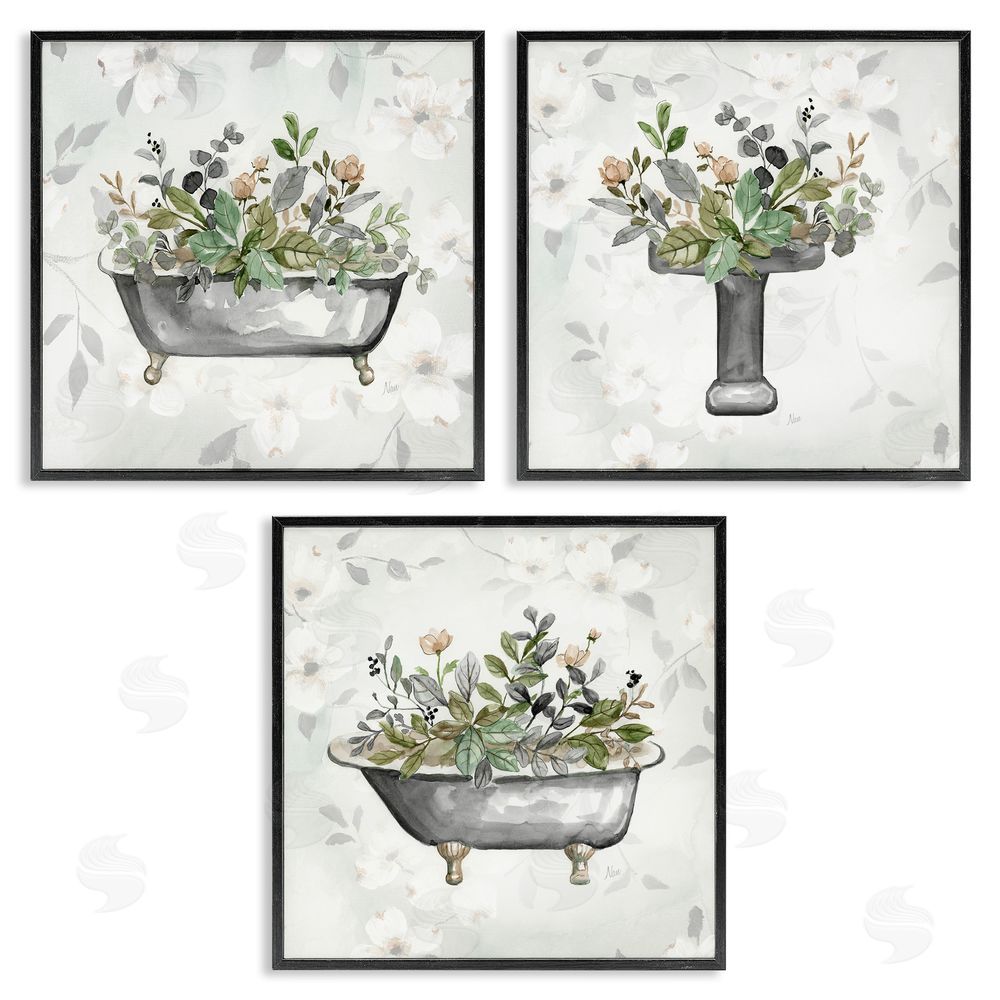 Nan Grey Bathroom Florals Black Framed Giclee Wall Art Print