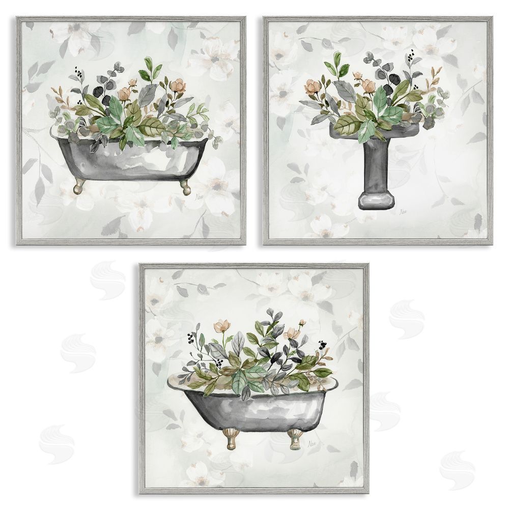 Nan Grey Bathroom Florals Gray Framed Giclee Wall Art Print