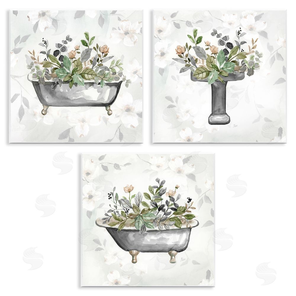 Nan Grey Bathroom Florals Wooden Wall Plaque Art Print