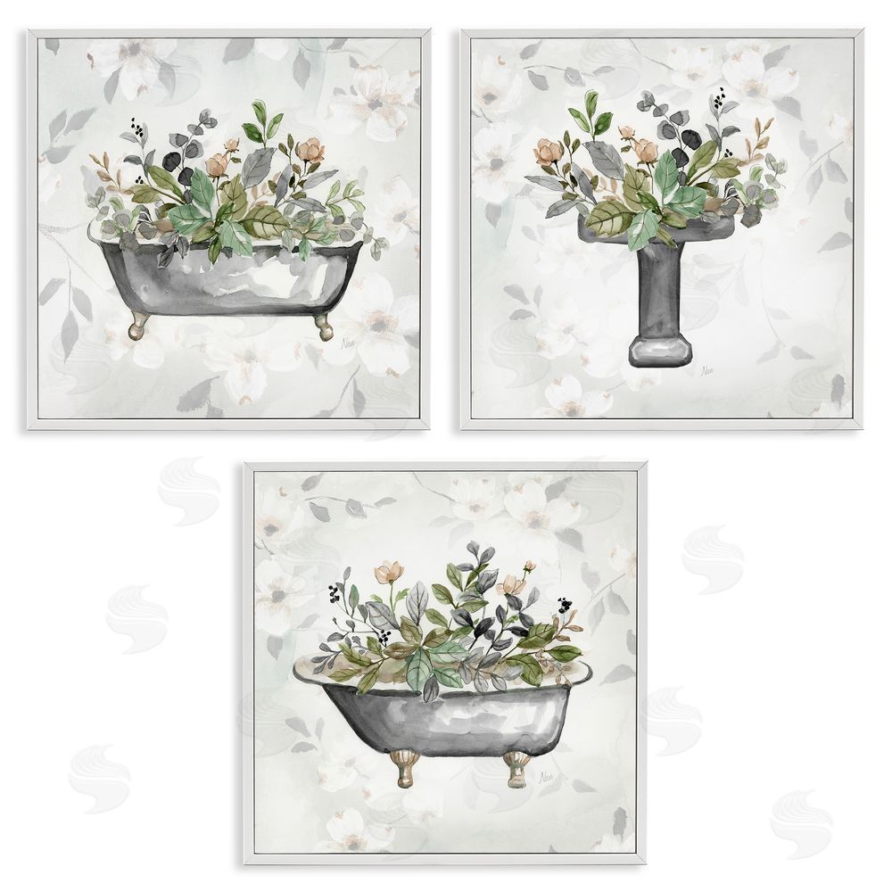 Nan Grey Bathroom Florals White Framed Giclee Wall Art Print