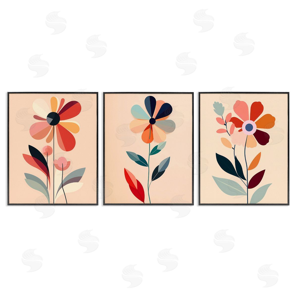 Walker Noble Funky Modern Flowers Black Framed Giclee Wall Art Print