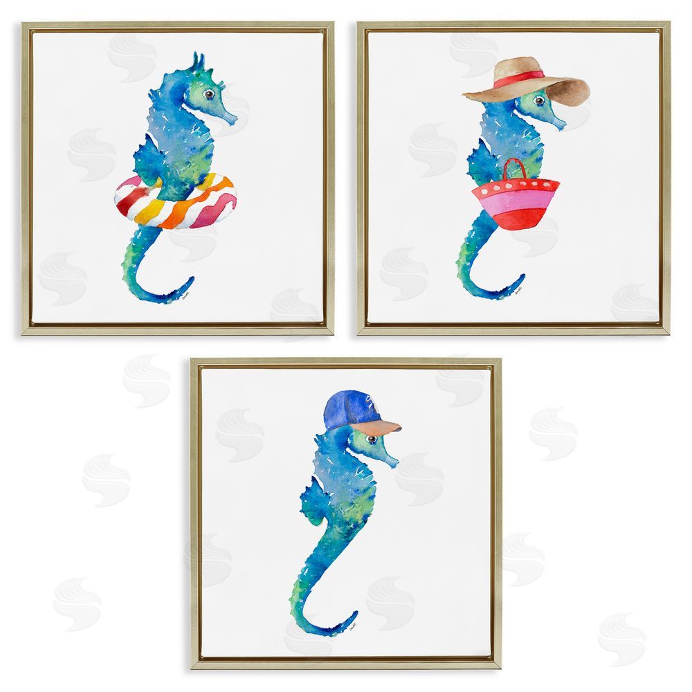 Lanie Loreth Fun Beach Ready Seahorses Gold Floating Frame Canvas Wall Art Print