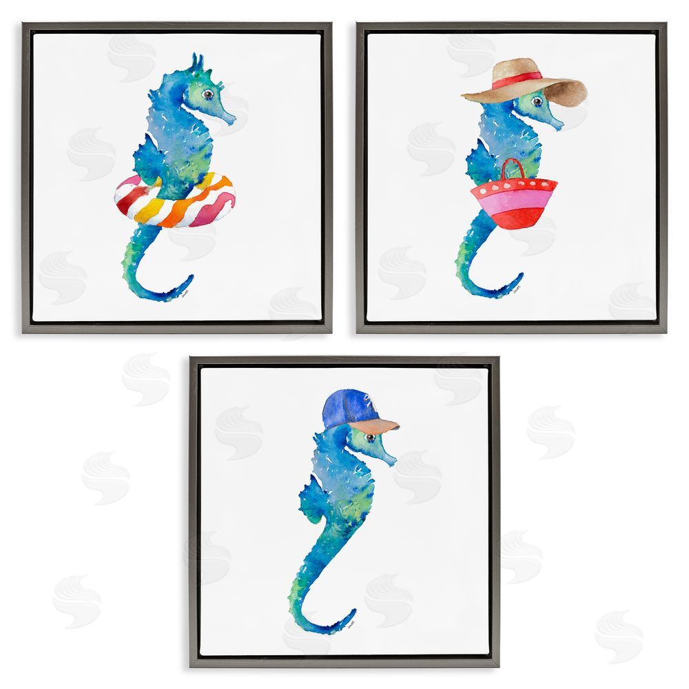 Lanie Loreth Fun Beach Ready Seahorses Gray Floating Frame Canvas Wall Art Print