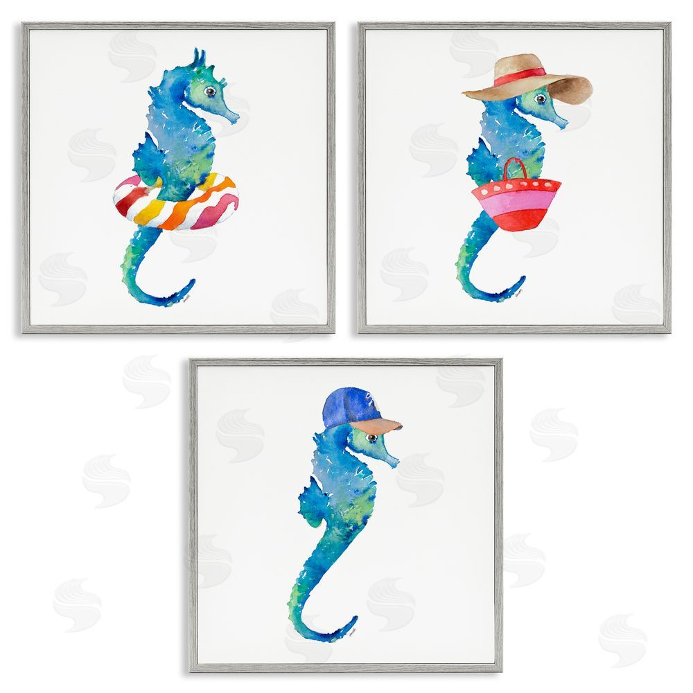 Lanie Loreth Fun Beach Ready Seahorses Gray Framed Giclee Wall Art Print