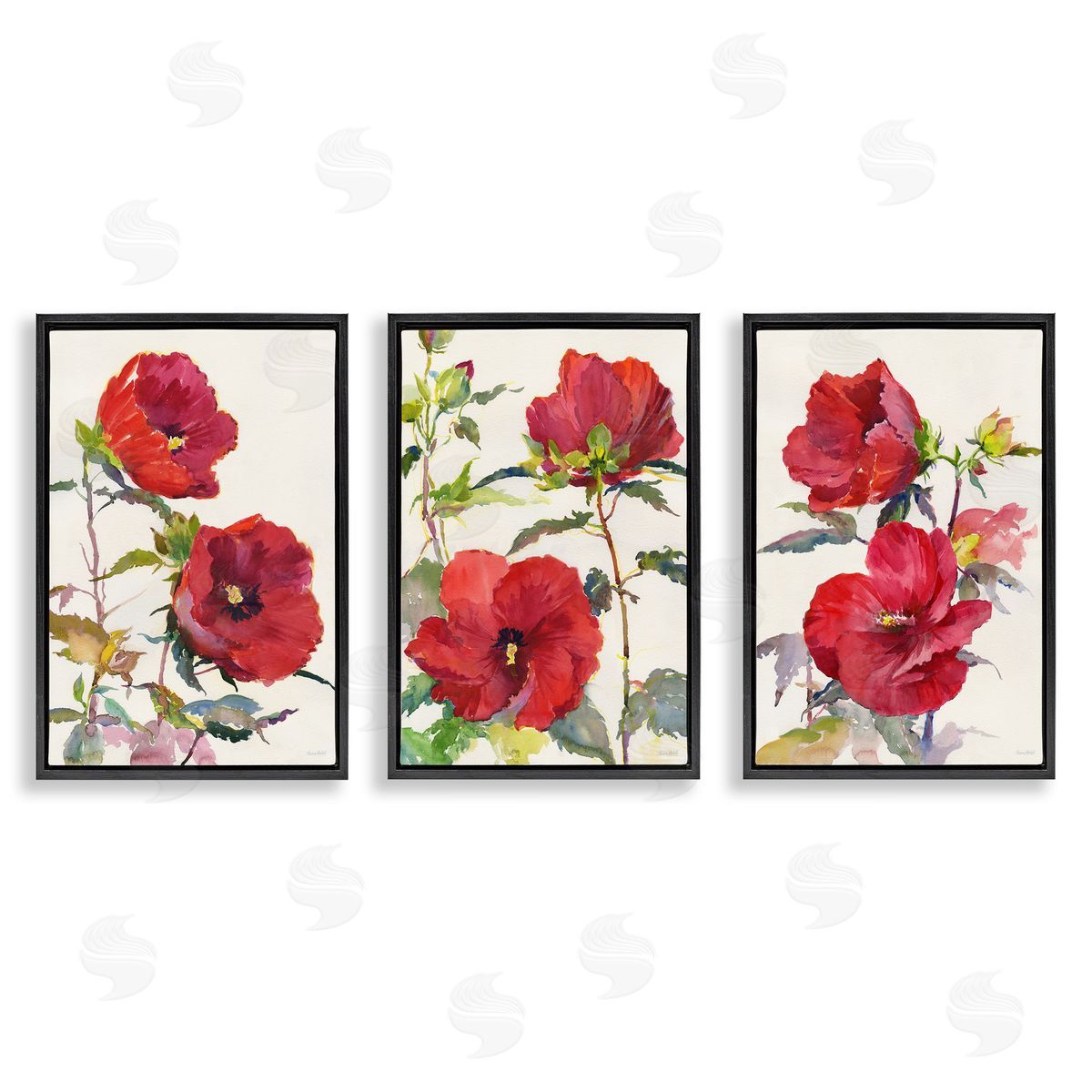 Traditional Red Poppies Black Floating Frame Canvas Wall Art, Home Decor by Theresa Troise Heidel