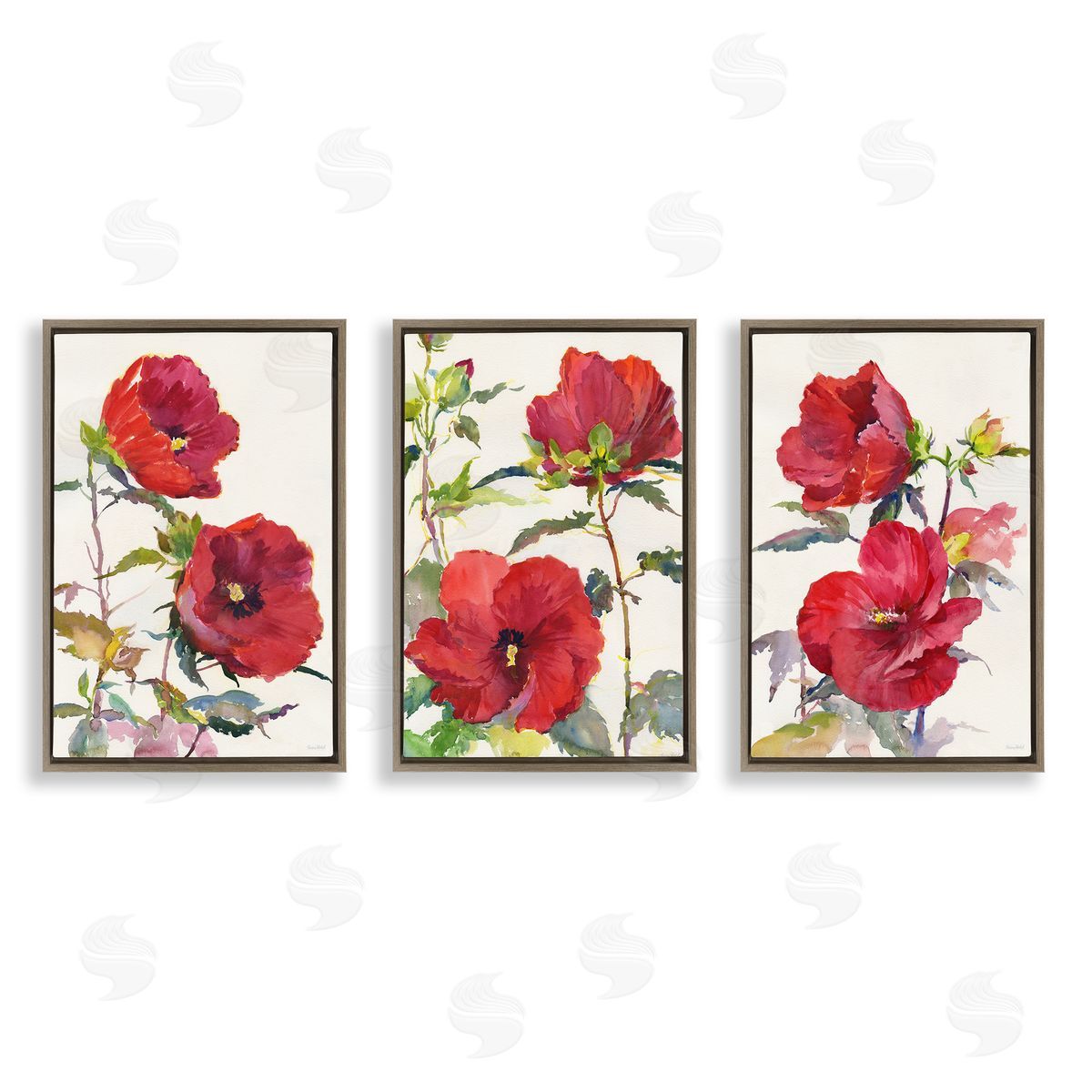 Traditional Red Poppies Brown Floating Frame Canvas Wall Art, Home Decor by Theresa Troise Heidel