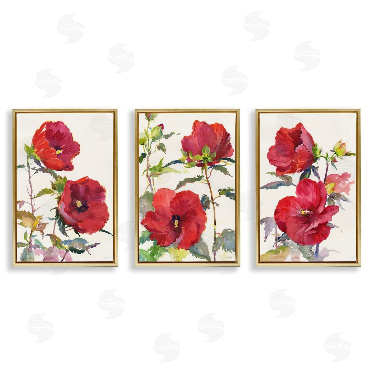 Traditional Red Poppies Gold Floating Frame Canvas Wall Art, Home Decor by Theresa Troise Heidel