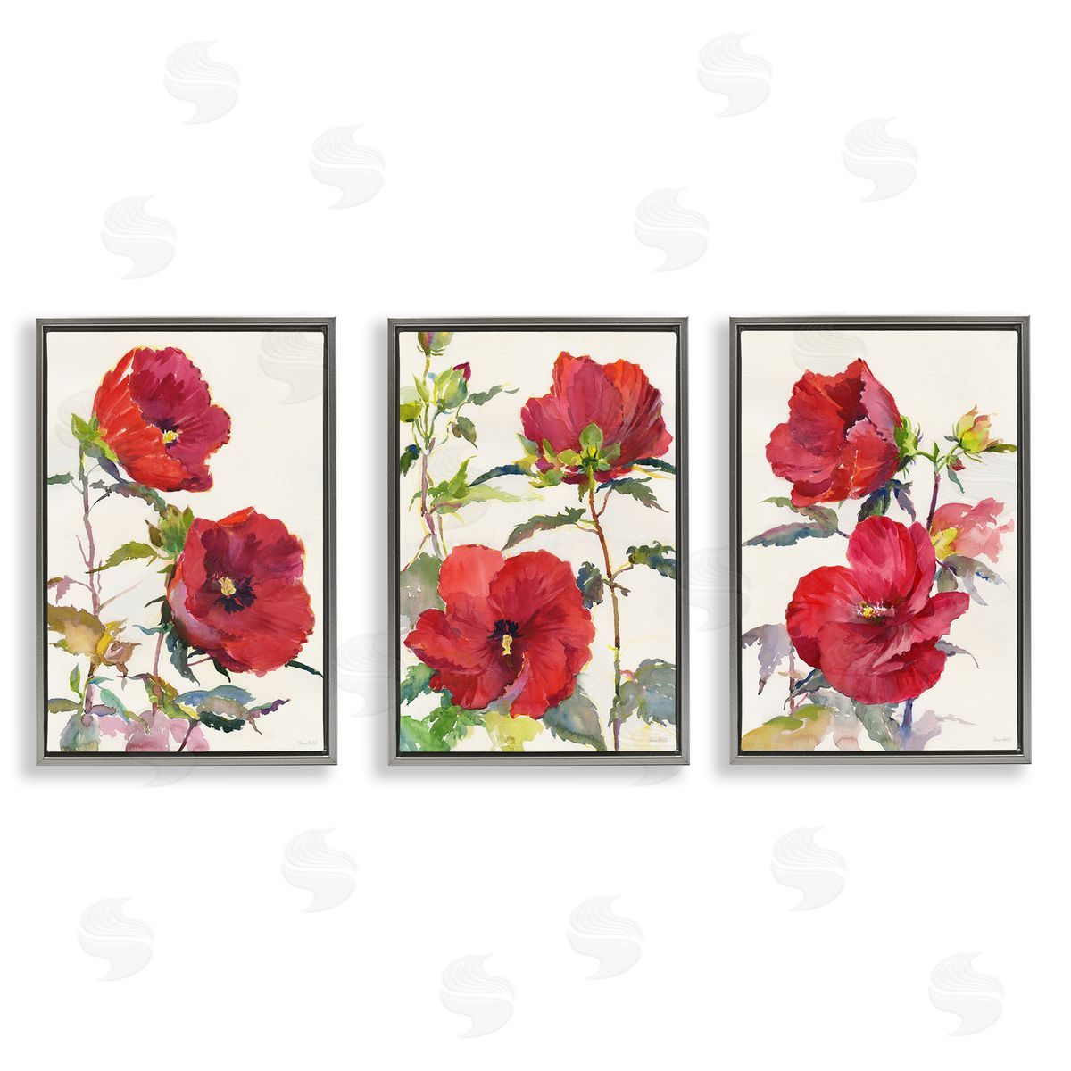 Traditional Red Poppies Grey Floating Frame Canvas Wall Art, Home Decor by Theresa Troise Heidel