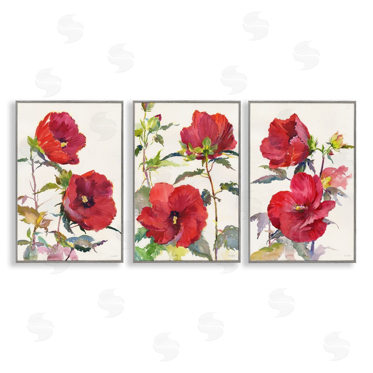 Traditional Red Poppies Grey Frame Print Wall Art, Home Decor by Theresa Troise Heidel
