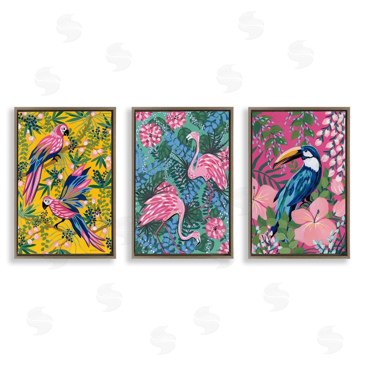 Tropical Birds & Botanicals Brown Floating Frame Canvas Wall Art, Home Decor by Yvette St. Amant