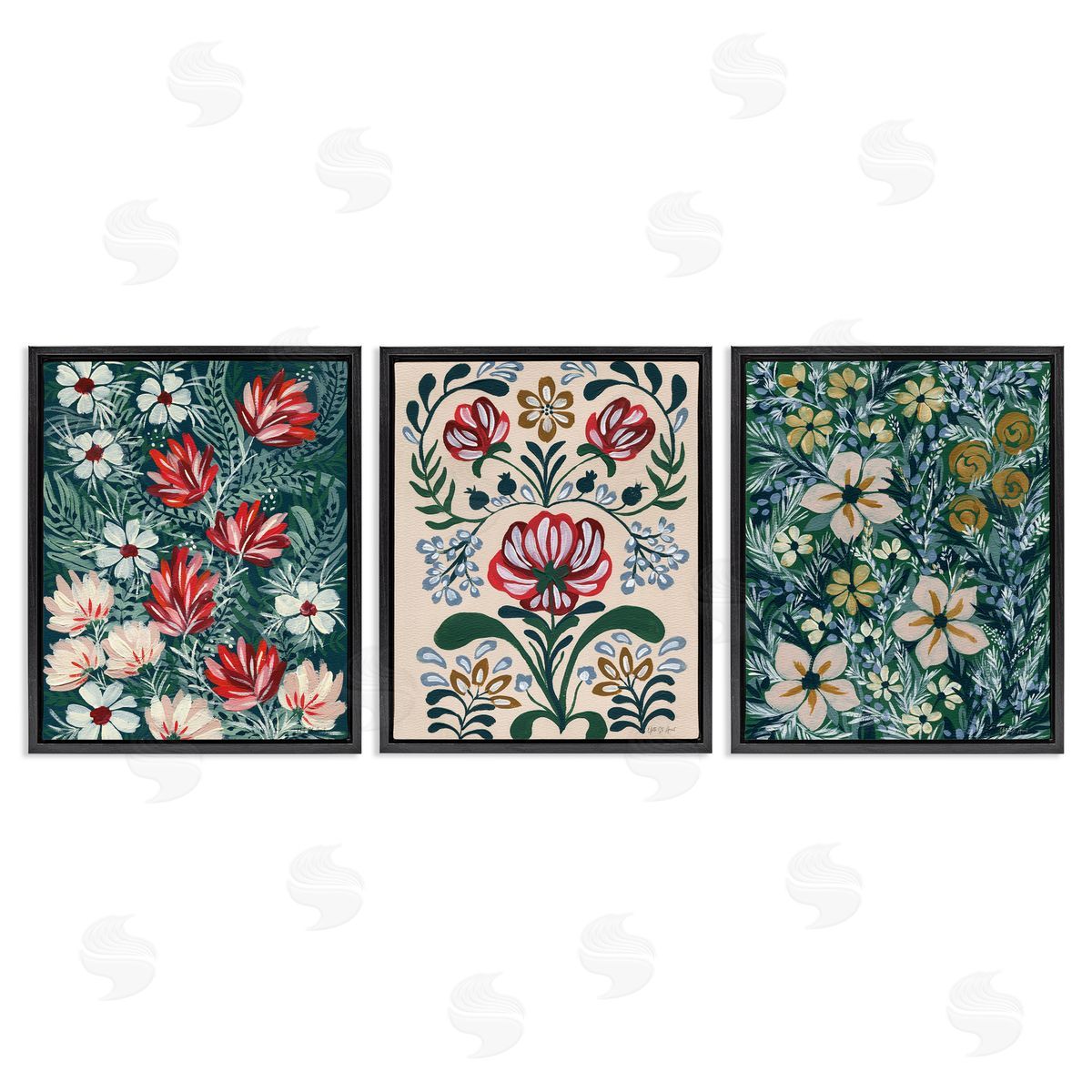 Boho Folksy Florals Black Floating Frame Canvas Wall Art, Home Decor by Yvette St. Amant