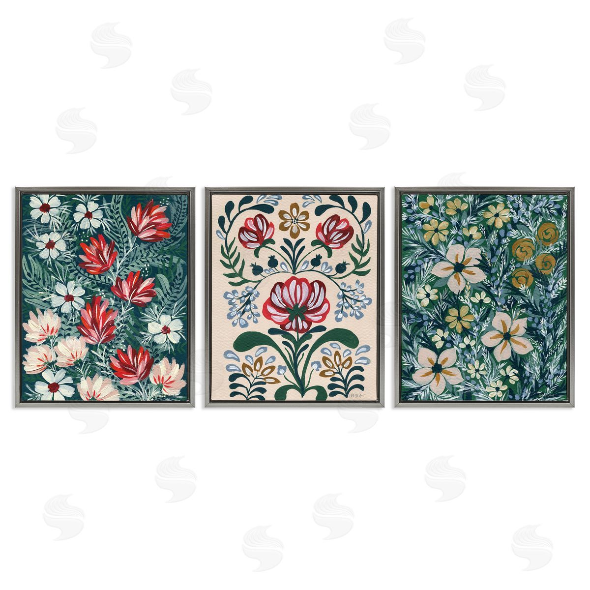 Boho Folksy Florals Grey Floating Frame Canvas Wall Art, Home Decor by Yvette St. Amant