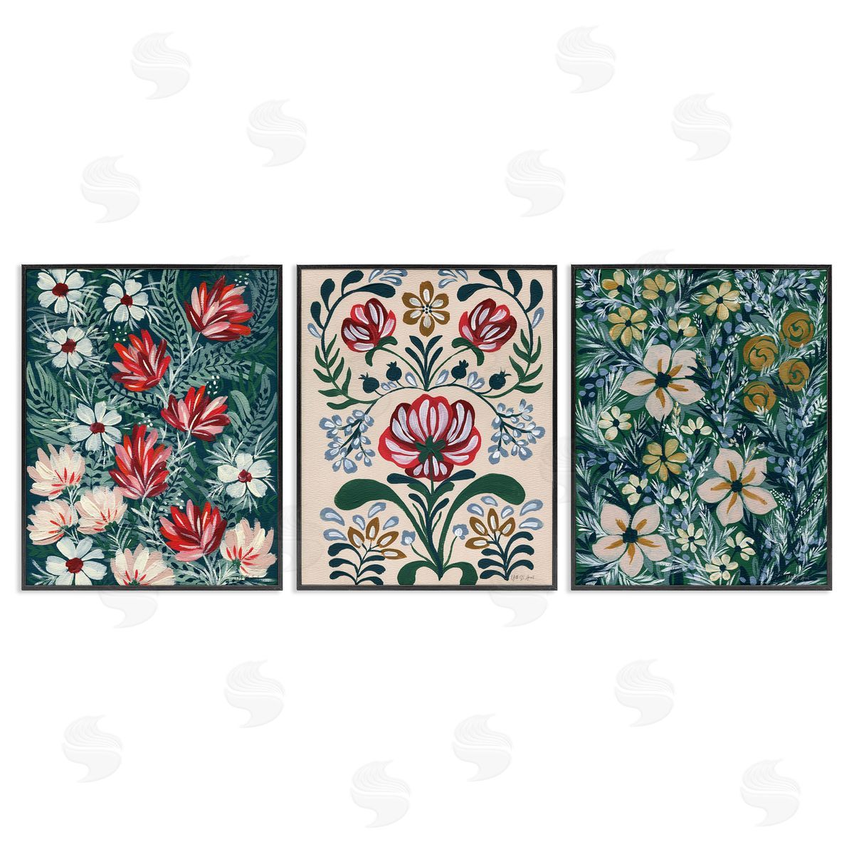 Boho Folksy Florals Black Frame Print Wall Art, Home Decor by Yvette St. Amant