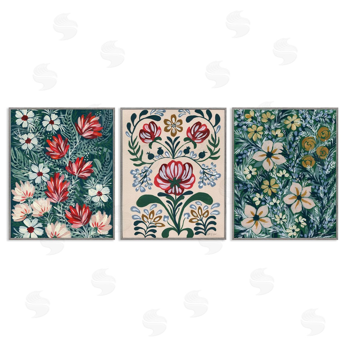 Boho Folksy Florals Grey Frame Print Wall Art, Home Decor by Yvette St. Amant