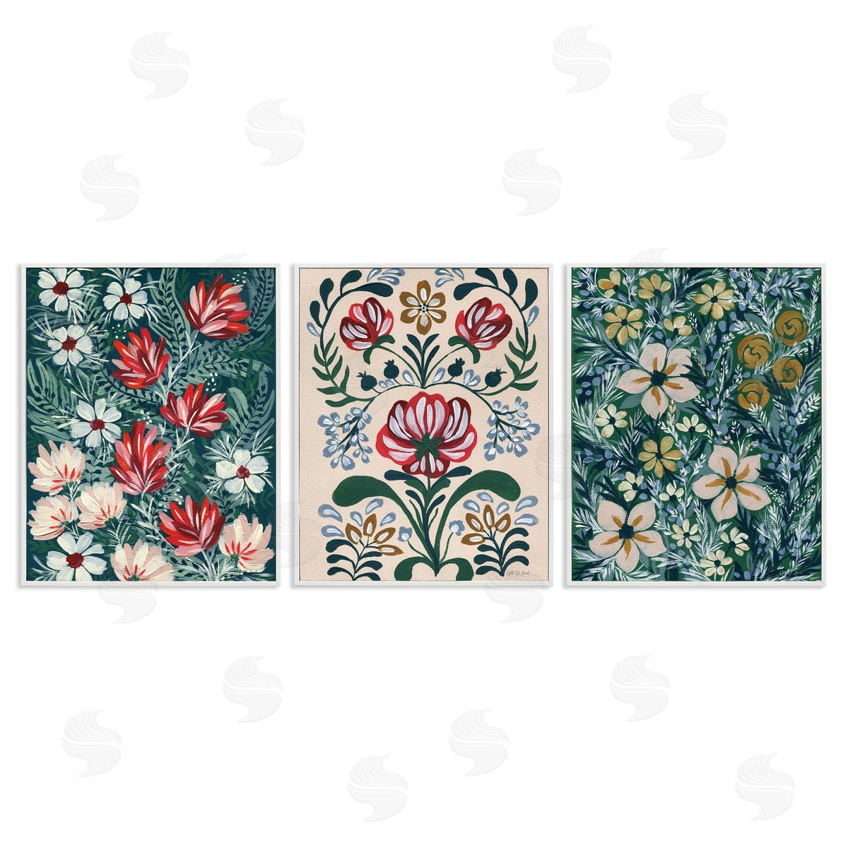 Boho Folksy Florals White Frame Print Wall Art, Home Decor by Yvette St. Amant