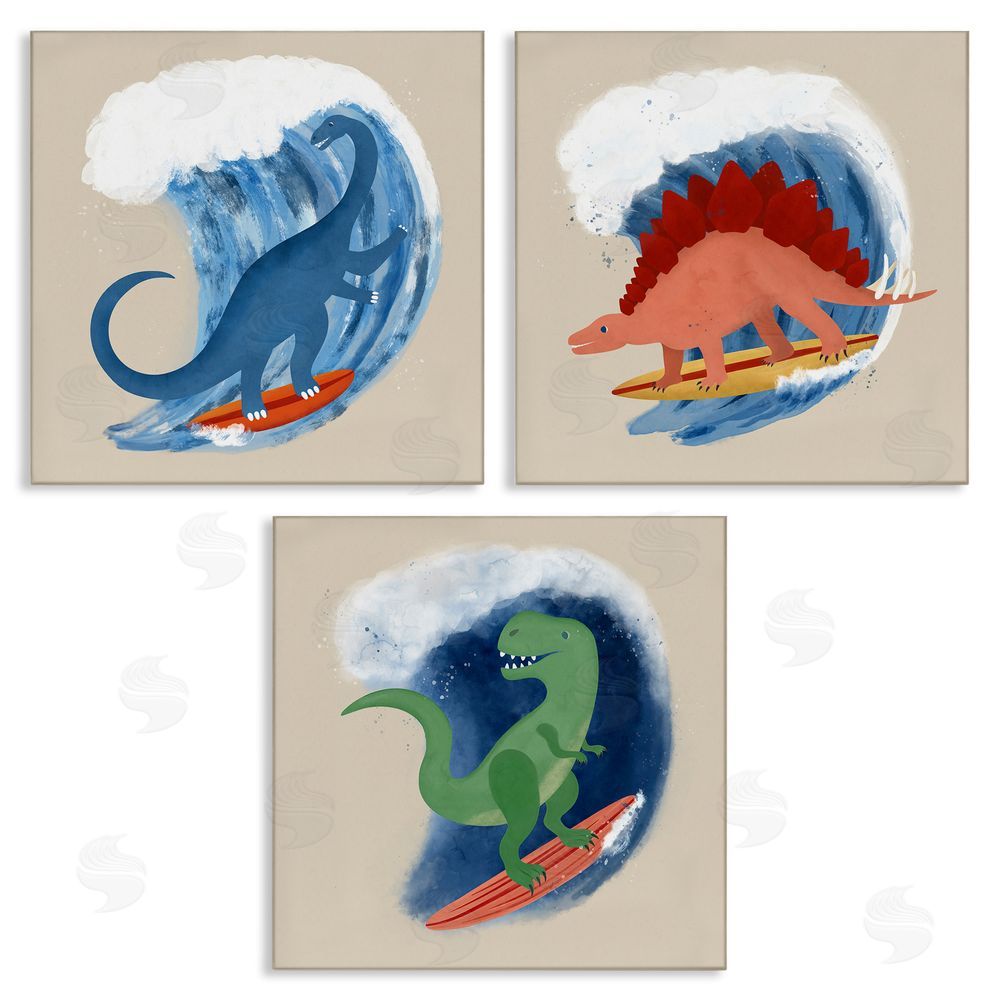 Carrie Cantwell Dinos Surfing Beach Waves Canvas Wall Art Print