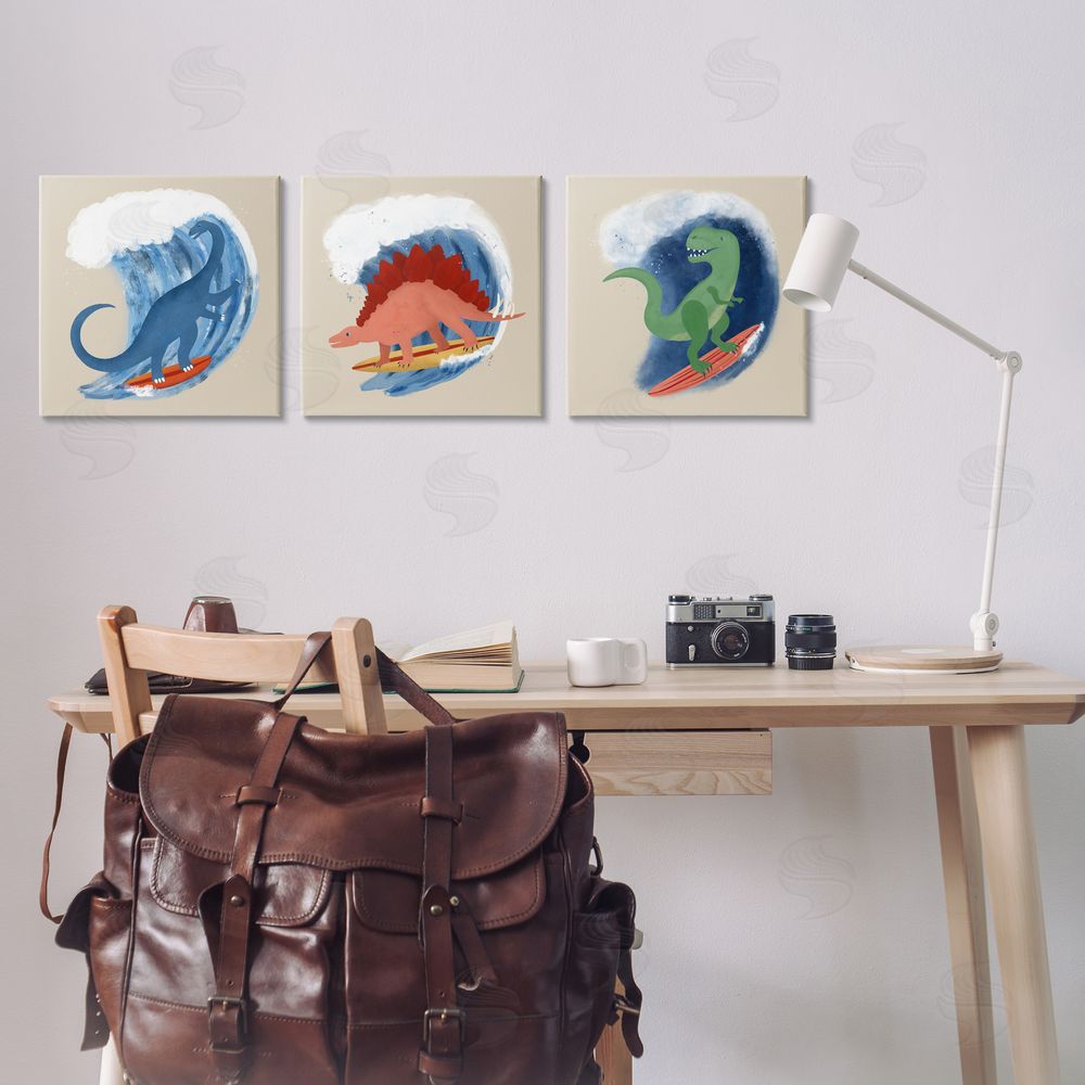 Carrie Cantwell Dinos Surfing Beach Waves Canvas Wall Art Print in Room