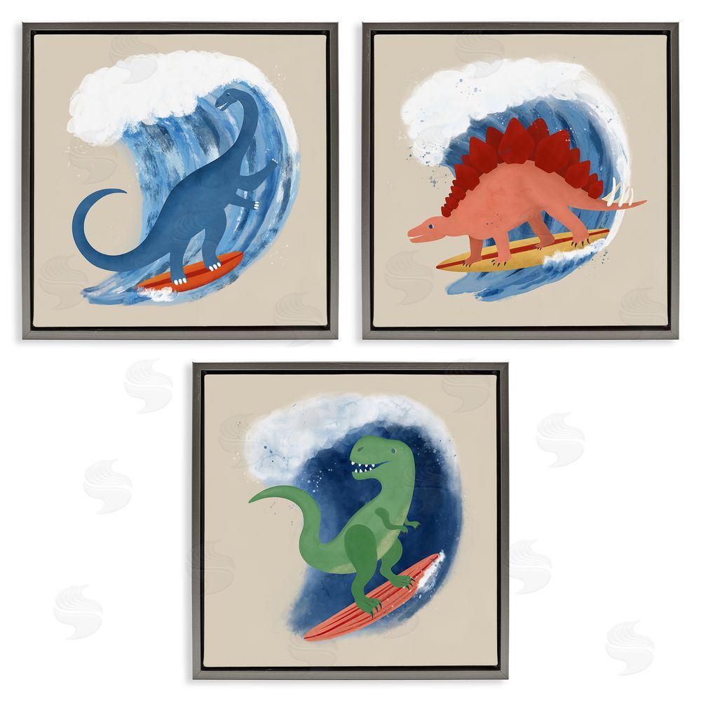 Carrie Cantwell Dinos Surfing Beach Waves Gray Floating Frame Canvas Wall Art Print