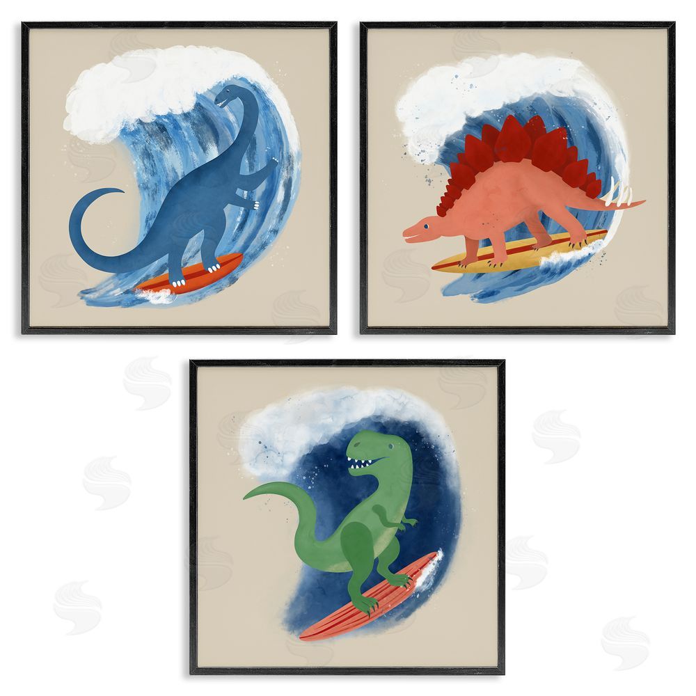 Carrie Cantwell Dinos Surfing Beach Waves Black Framed Giclee Wall Art Print