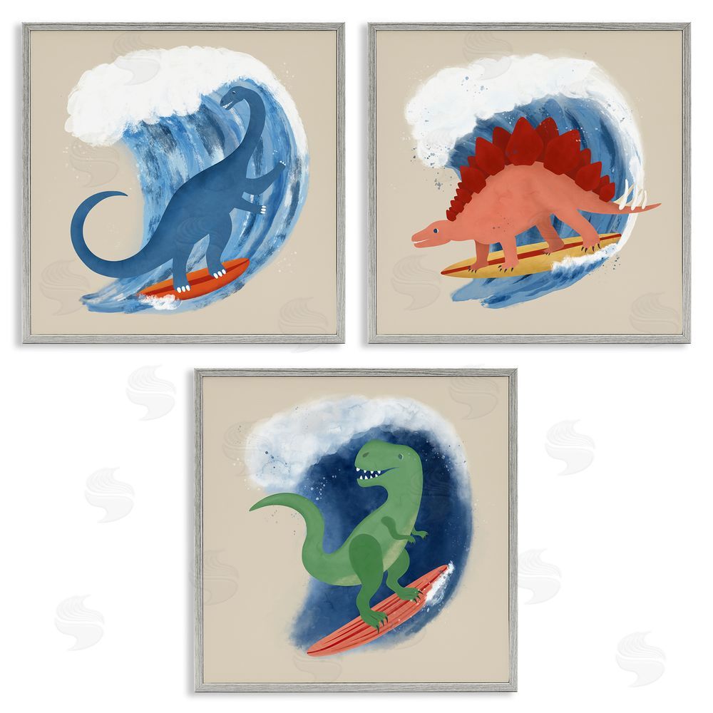 Carrie Cantwell Dinos Surfing Beach Waves Gray Framed Giclee Wall Art Print